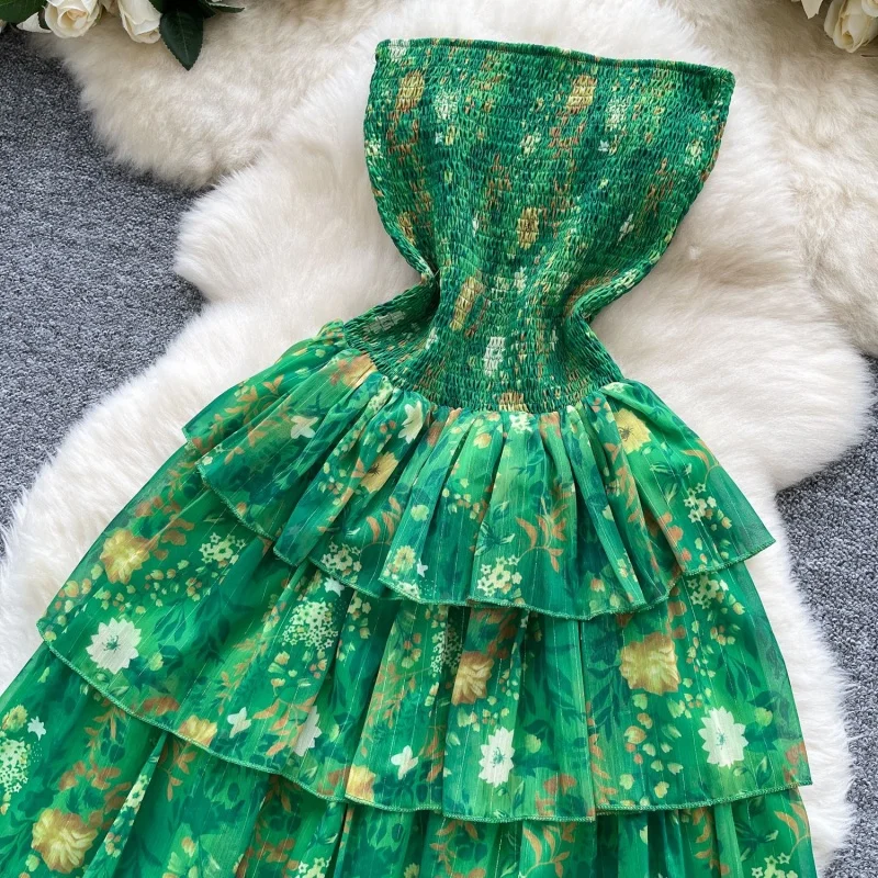 Moda floral impresso plissado em camadas vestido de verão roupas femininas sem alças vestido de baile maxi vestidos longos festa de aniversário vestido sexy