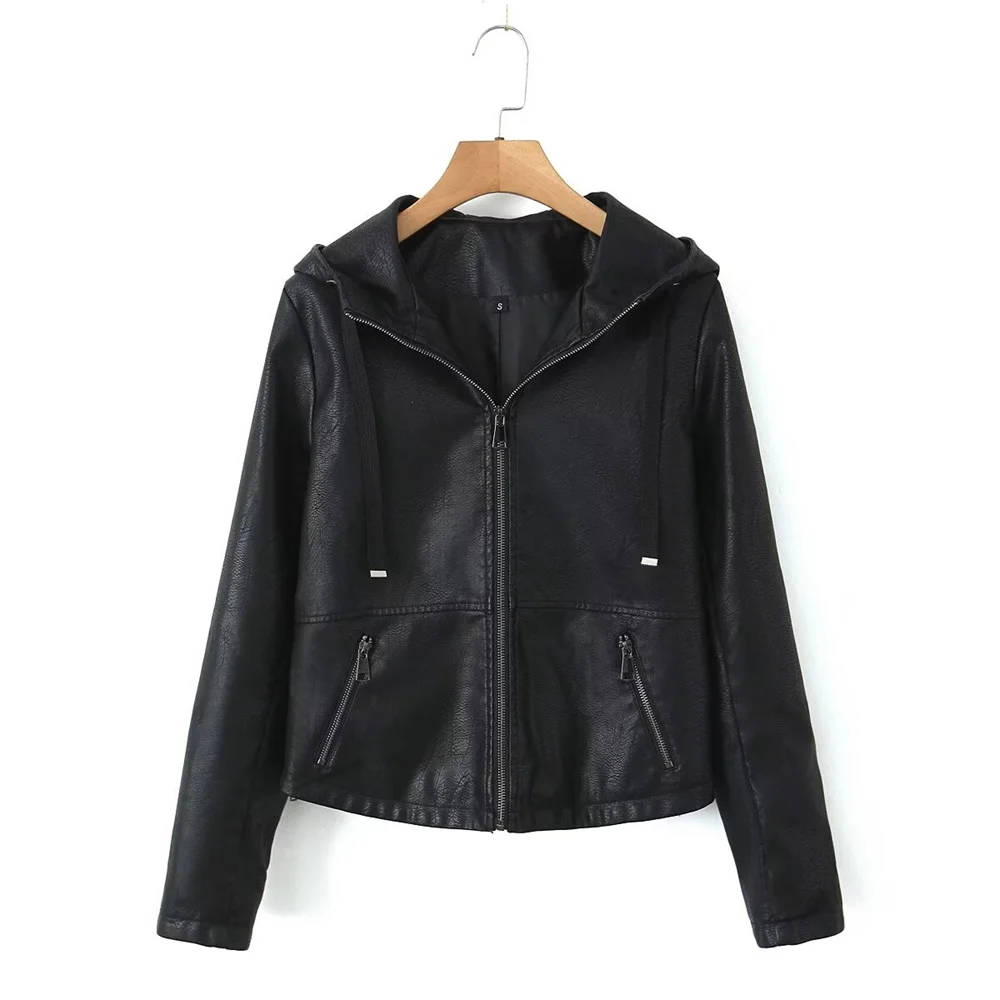 

Hooded leather jacket female coat autumn and winter new women's short leather jacket high-end casual