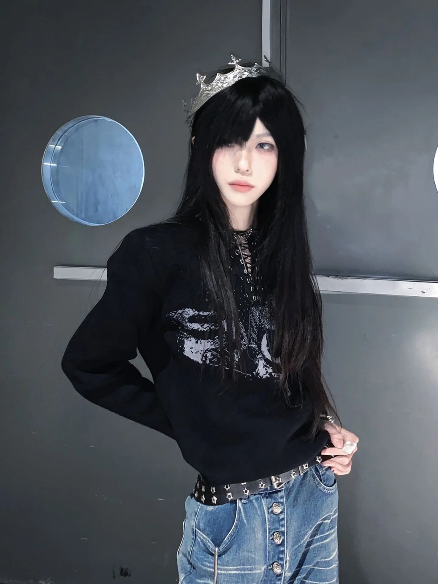 

Black Knitted Punk Style Sweater Women's Spring Collection Henry Collar Slim Fit Visual Art Series Long Sleeve Warmth Young