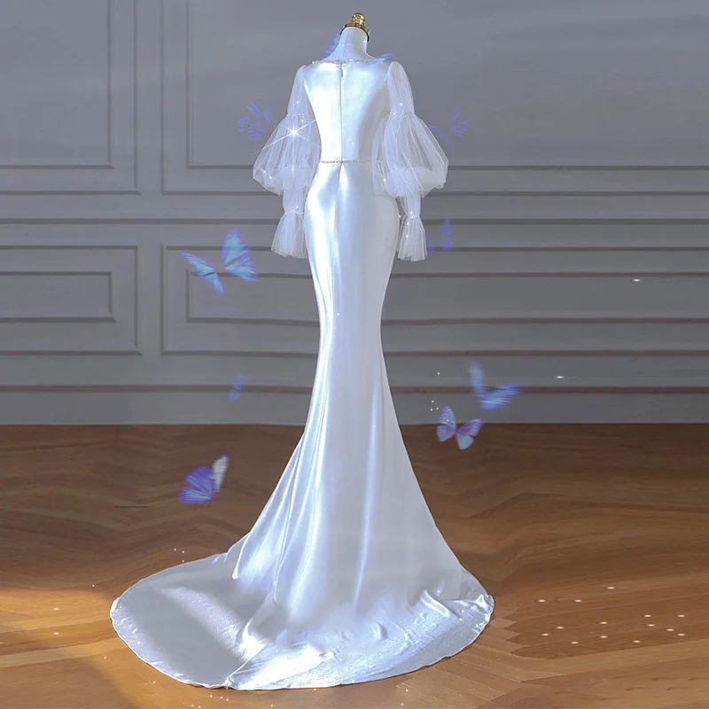 Robe de mariée légère en satin avec queue de poisson, style forêt, simple, bienvenue, mariée menstruelle, mariage, robe de soirée blanche, nouveau, été, 600, 2024