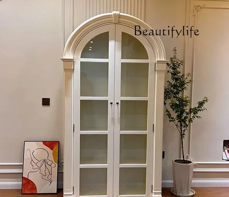 

HK American solid wood bookcase light luxury floor bookshelf decorative wine cabinet Nordic side cabinet French retro arch