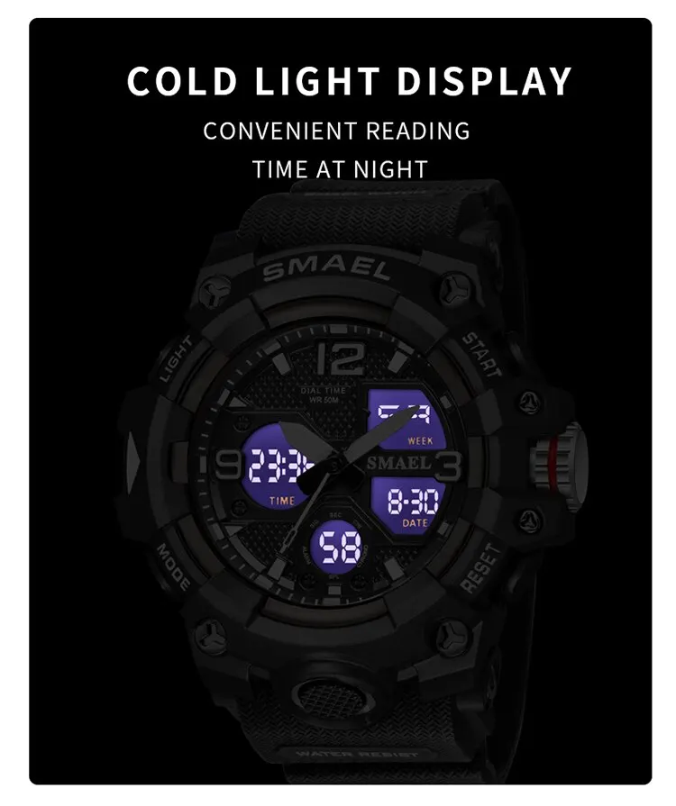 Sport Watch Military Watch For Men Alarm Clock Stopwatch LED Digital Back Light Dual Time Display 8008 Men\'s Watches Waterproof