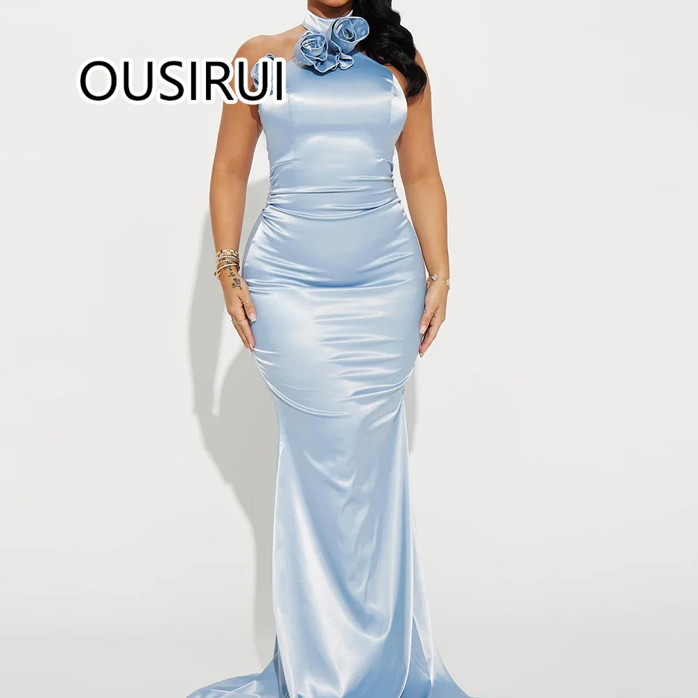 

Custom Made Elegant Halter Satin Mermaid Bridesmaid Evening Dress with Flowers Floor-Length Backless Evening Party Gown