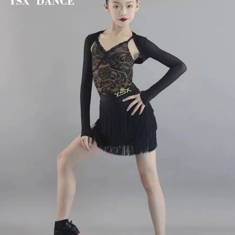 

Customized Girls' Latin Dance Practice Set Lace Tassel Skirt with Mesh Paired with Cha Cha Tango Samba Stage Performance Costume