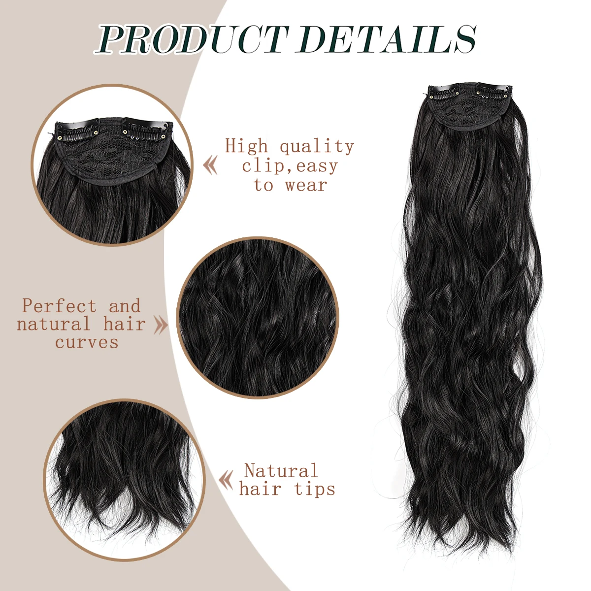 Black 20 Inch Synthetic Hairpiece Clip In Hair Extensions 3 Pieces Set Invisible Water Wave Curly Hair For Women Everyday wear