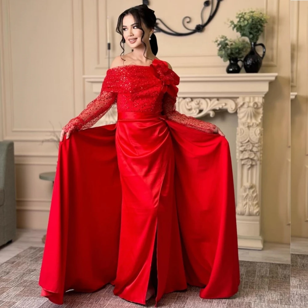 

Customized Satin Handmade Flower Rhinestone Ribbon Ruched Mermaid Boat Neck Long Dresses Prom Dresses Formal Fashion Elegant