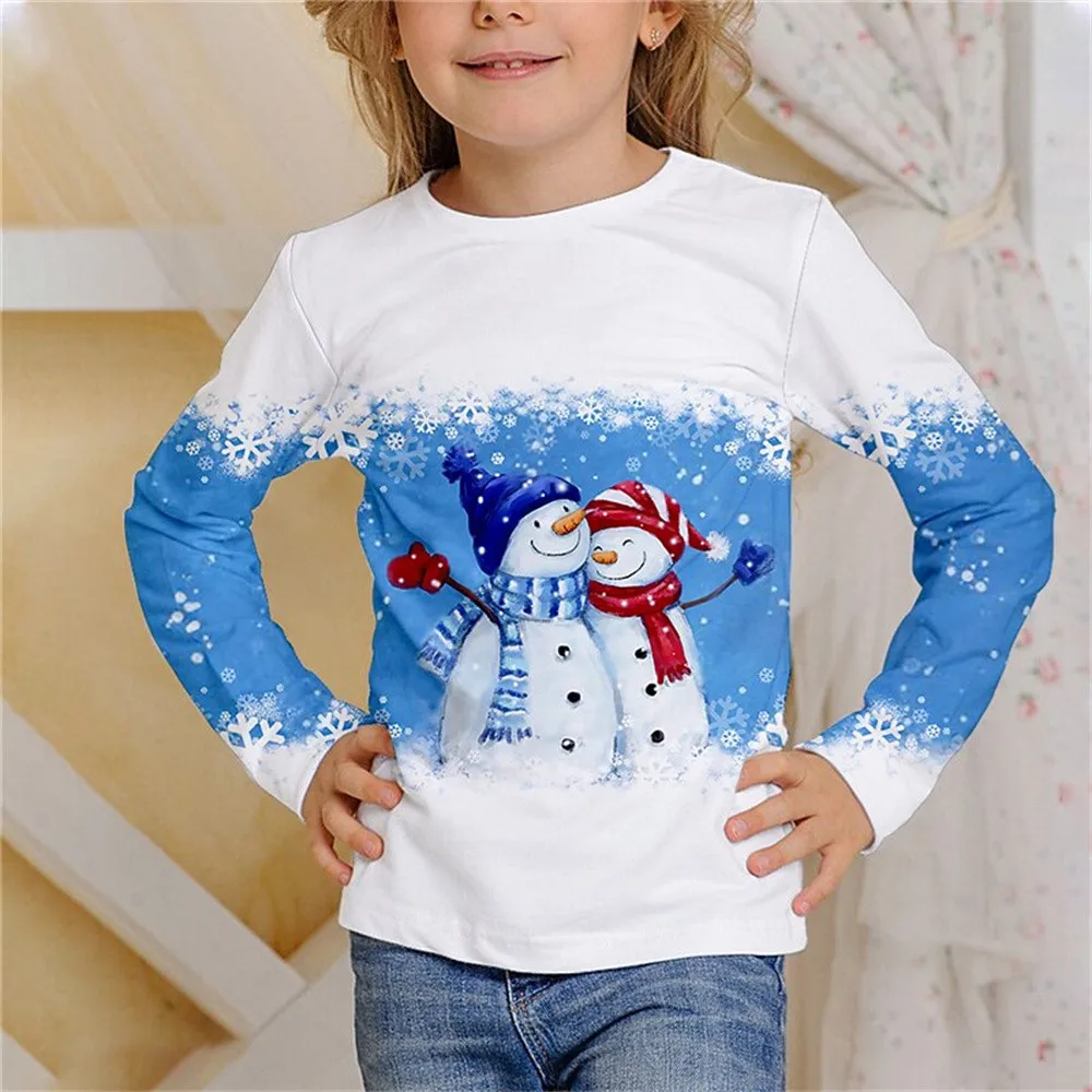 T-shirt imprimé chat pour enfants, t-shirts Kawaii, vêtements girly, bonhomme de neige, arbre de Noël d'Halloween, blanc, de 6 à 14 ans