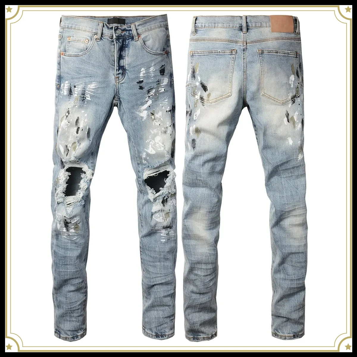 Men Jeans Fashion Trends Distressed Light Indigo Damaged Holes Graffiti pattern Stretch Skinny Button Fly Ripped Jeans Pants