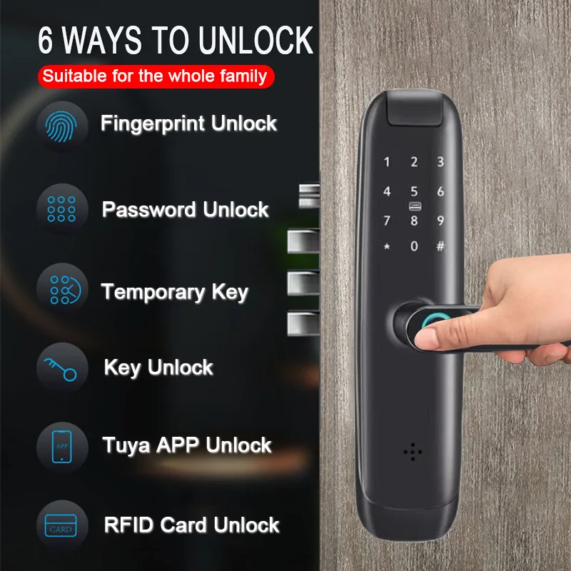 Imagem -05 - New Tuya Wifi Electronic Smart Door Lock With Biometric Fingerprintsmart Cardpasswordkey Unlock Usb Emergency Charge