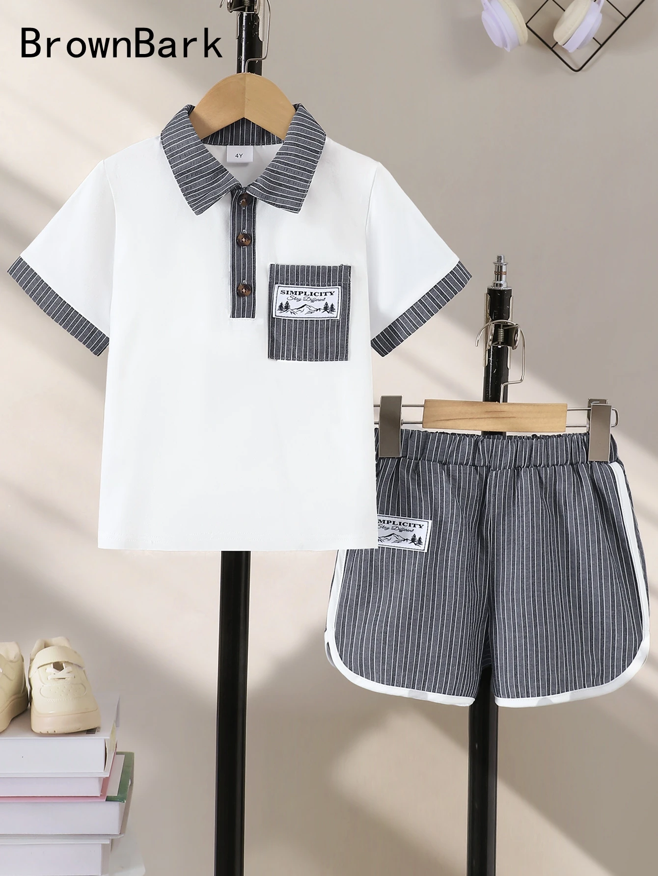 Young Boy Summer Outfit: Polo Shirt and Striped Shorts Set, Striped Collared T-Shirt + Shorts Two-Piece Set, Children's Casual Back-To-School Sportswear, Soft and Comfortable, Refreshing for Summer