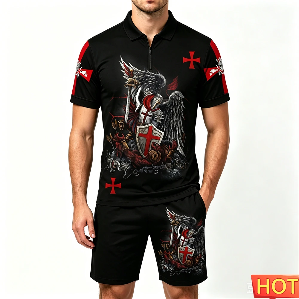 Summer Men's Sets Crusader Knights Print Zip Polo Shirt and Shorts 2 Piece Street Hip Hop Men's Outfit Casual Short Sleeve Suit view 2
