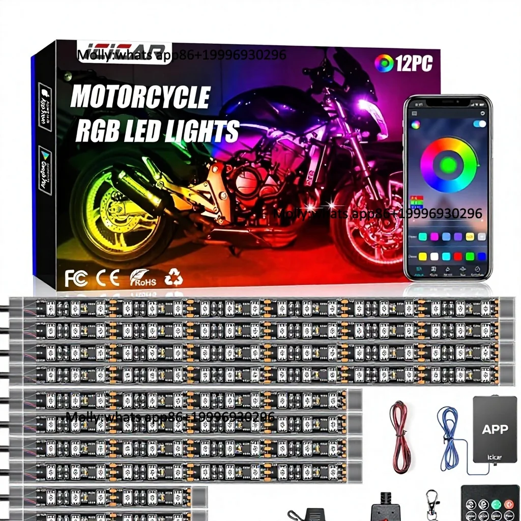 Motorcycle LED Underglow Kit Icicar 12 Pcs APP/RF Control Multicolor Left Position Brake Turn Signal IP68 Waterproof Light