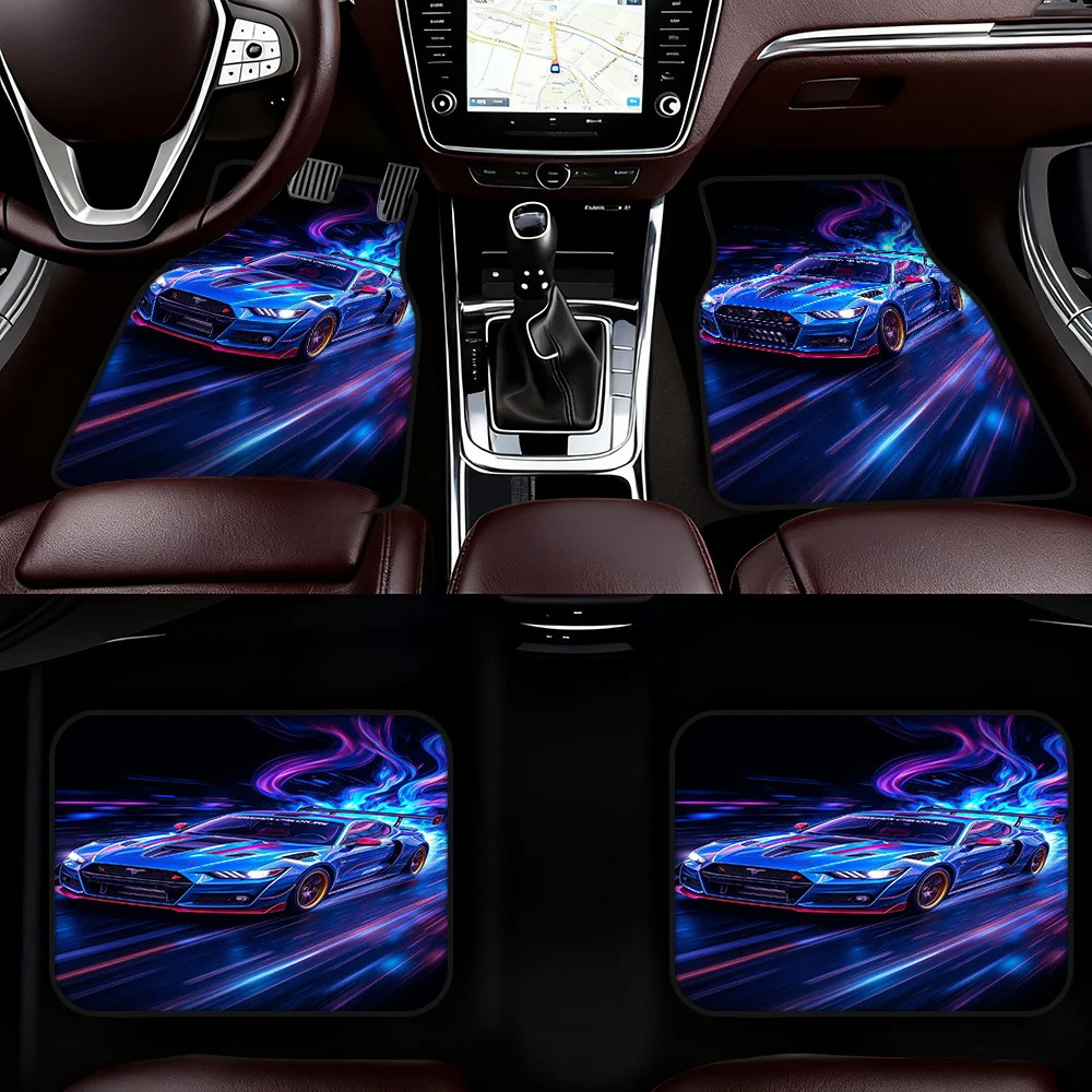 Set Of 4 Blue Neon Racing Car Motif Car Floor Mats | Polyester, Universal Fit, Perfect For Road Trips And Gift Ideas, Excellent
