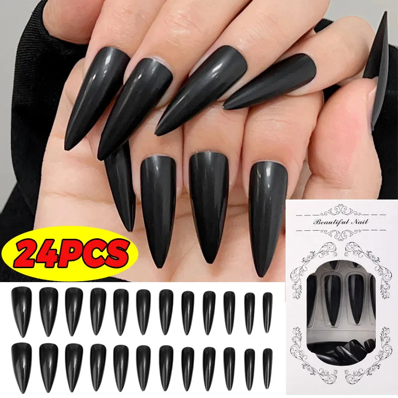 Black Long Stiletto False Nails with Jelly Glue 24Pcs Artificial Fake Nail DIY Full Coverage Nail Tips Manicure Decoration Tools