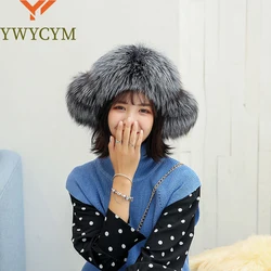 Women Natural Raccoon Fur Caps Lady Real Fox Fur Cap Pompon Ushanka Hats for Winter Thick Warm Ears Fashion Bomber Pom Pom Hat