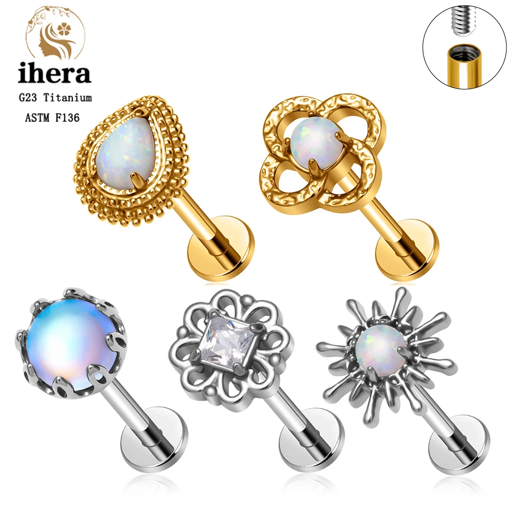 ASTM F136 Titanium Sun Pear Opal CZ Flat Back Ear Stud Sunshine Labret Nose Cartilage Helix Tragus Stud Earring Piercing Jewelry