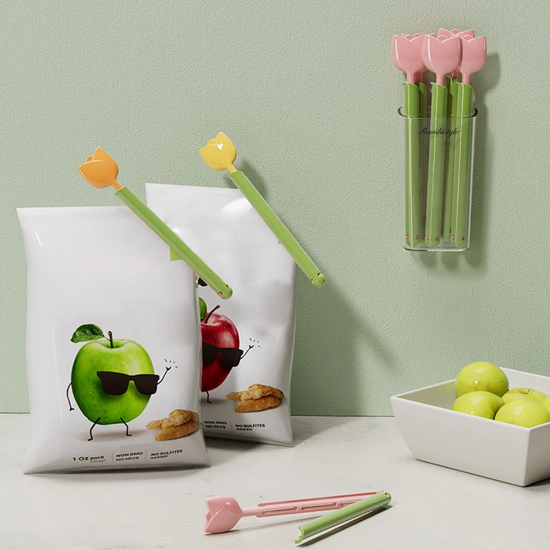 5Pcs Tulipan Seal Clips Kitchen Food Snack Sealing Bag Clips With Magnetic Storage Box Reusable Bag Sealer Home Storage Tools