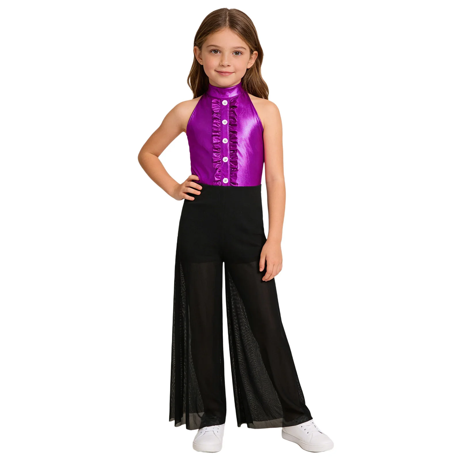 Kids Girls Jazz Jumpsuit Mock Neck Sleeveless Back Invisible Zipper Ruffles Metallic Bodice Mesh Wide-Leg Bodysuit
