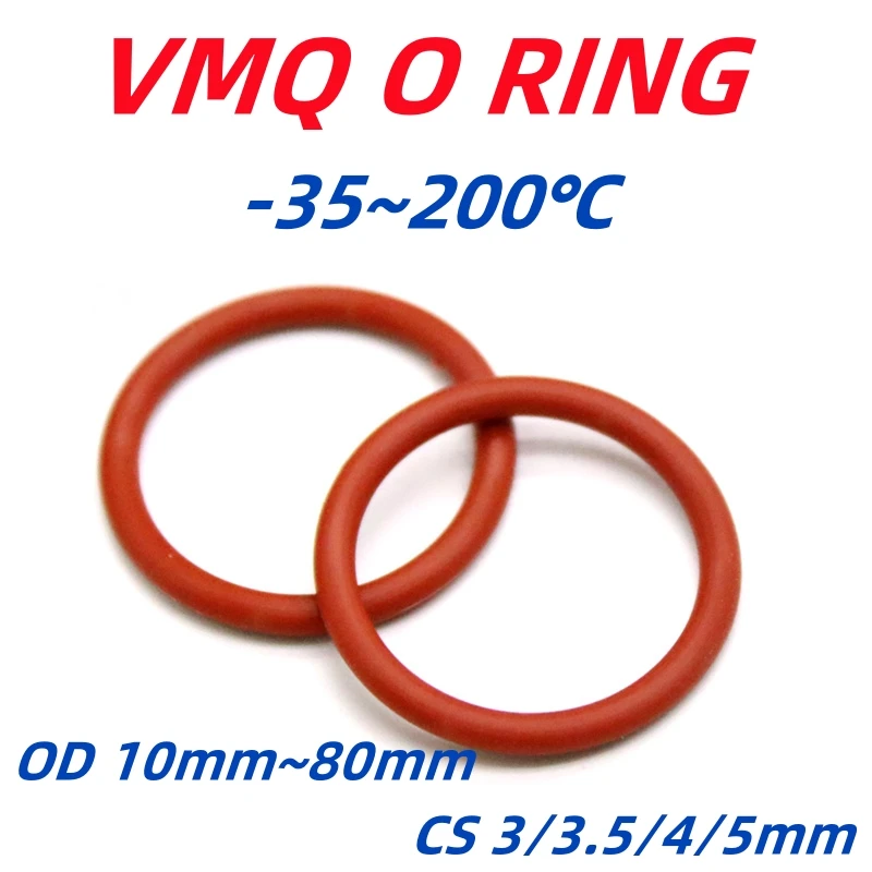 

VMQ Red Silicone O Ring OD 10mm~80mm CS 3/3.5/4/5mm Food Grade Sealing Ring Waterproof Insulated Gasket