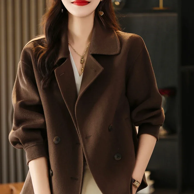 Double-Sided Cashmere Coat for Women, Short Korean Loose, Horn Buckle, Pure 100% Wool, Autumn, Winter, 2024