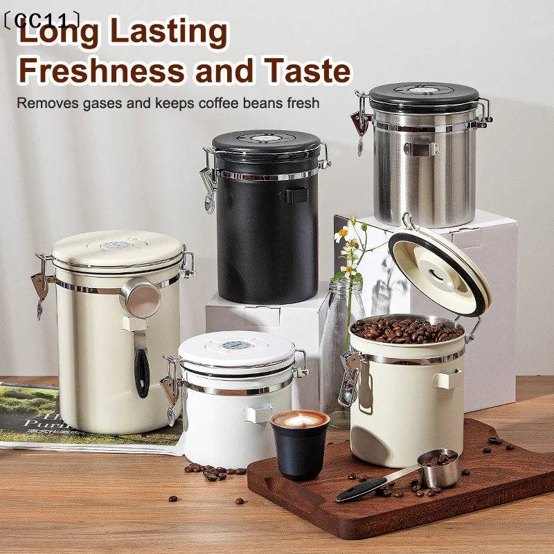 1.2 1.5 1.8L Coffee Bean Jar Airtight Canister Sealed Stainless Steel With Spoon One Way Valve Cannister Coffee Storage 〔CC11〕