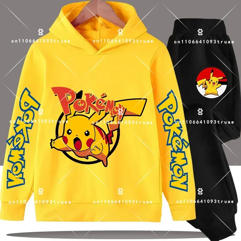 

2026 New Pikachu clothing knitted hooded sweatshirt, children's clothing set, girls' top+pants 2-piece set, boys' sports set