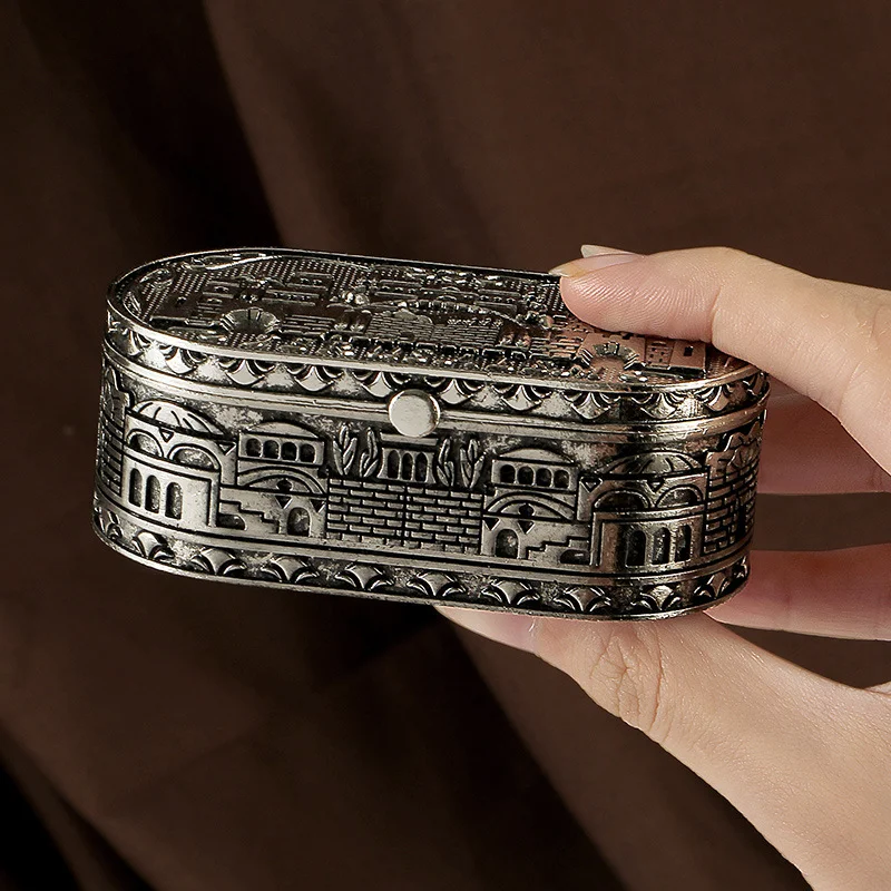 Vintage Silver Portable Shabbat Candle Box Jerusalem Pattern Double Travel Candlestick Jewish Sabbath Judaica Religious Gift