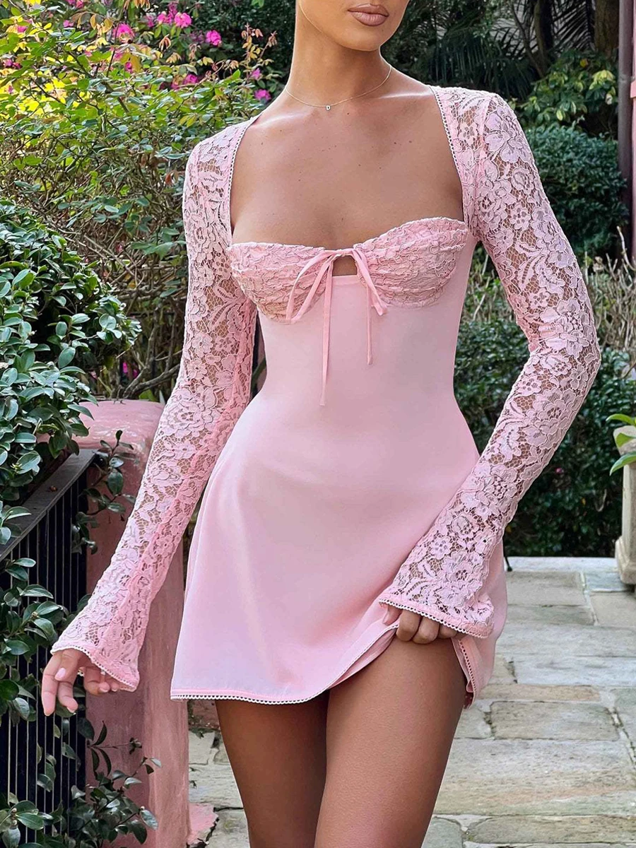 

Women’s Elegant Bodycon Mini Dress Lace Long Sleeve White Dress for Spring Summer Low Cut Back Tie Dress Tunic Dress Party Wear