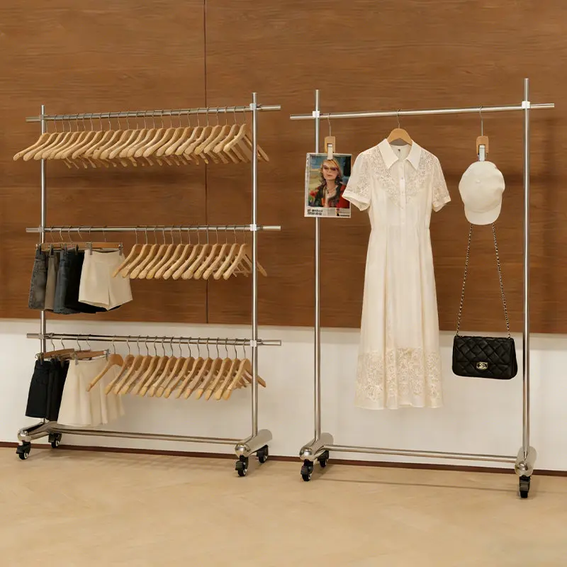 

Clothing store hanger Floor-to-ceiling stainless steel double-layer lifting removable clothes display rack Women's clothing stor
