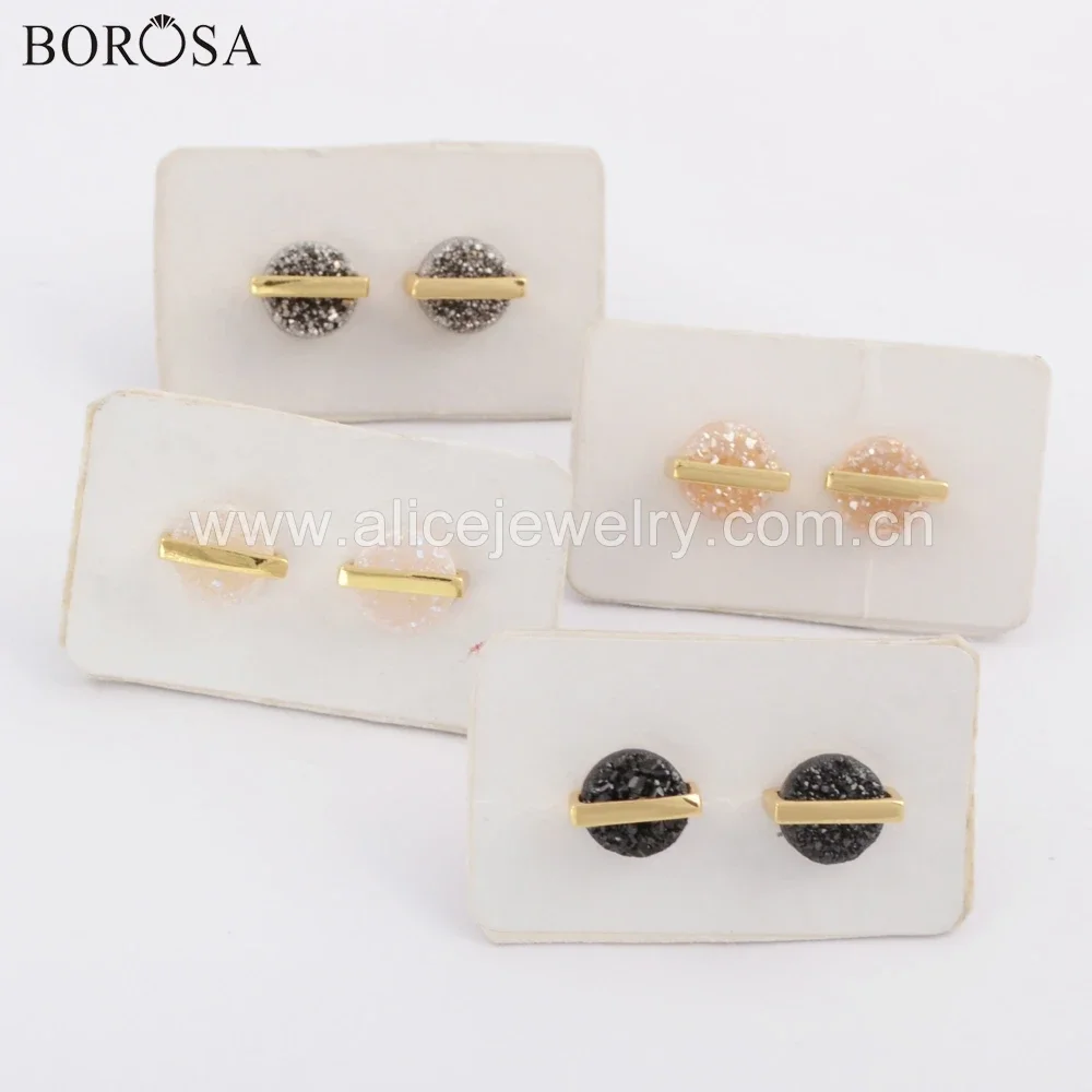 BOROSA Fashion Round Shaped Golden/Silver Bezel Natural Agates Drusy Stud Earrings Titanium Rainbow Druzy for Women Earring