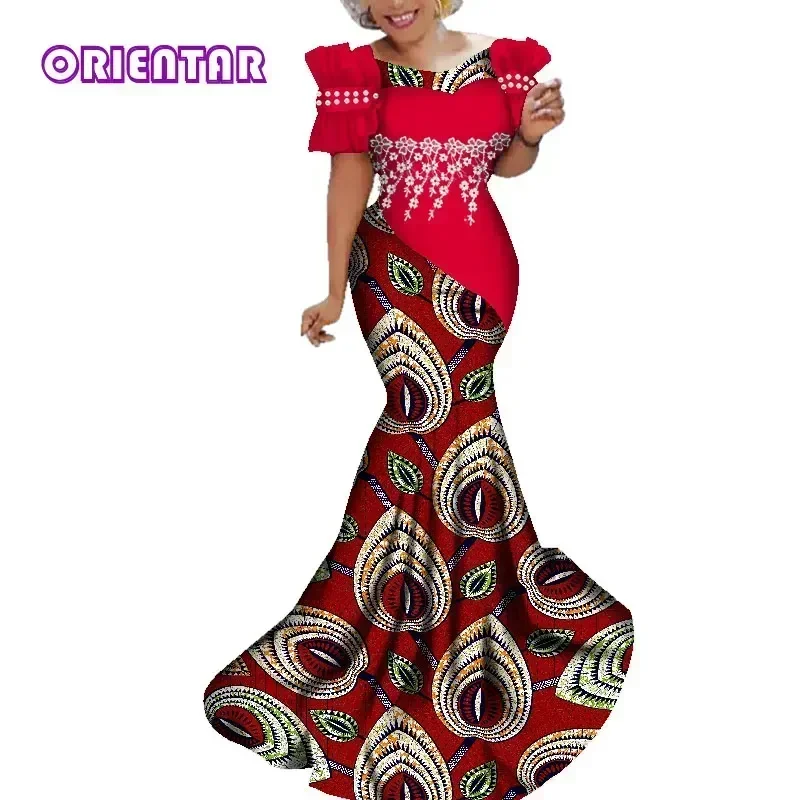 African Women Traditional Outfit Long Party Africa Print Dresses with White Pearl Lace Flower Bazin Riche Lady Long Dress WY284