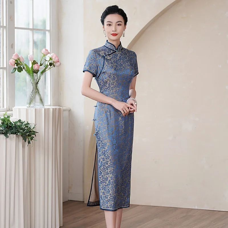 High-End Quality Real Silk Cheongsam Qipao Women's Spring and Summer Retro Improved Dress Double-Layer Chinese Dress