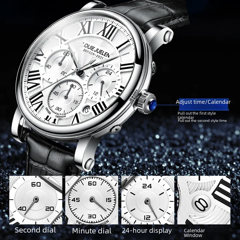 ใหม่ Cross-Border Hot นาฬิกากันน้ํามัลติฟังก์ชั่นนาฬิกาผู้ชาย High-End สายหนังแท้ควอตซ์นาฬิกาผู้ชาย