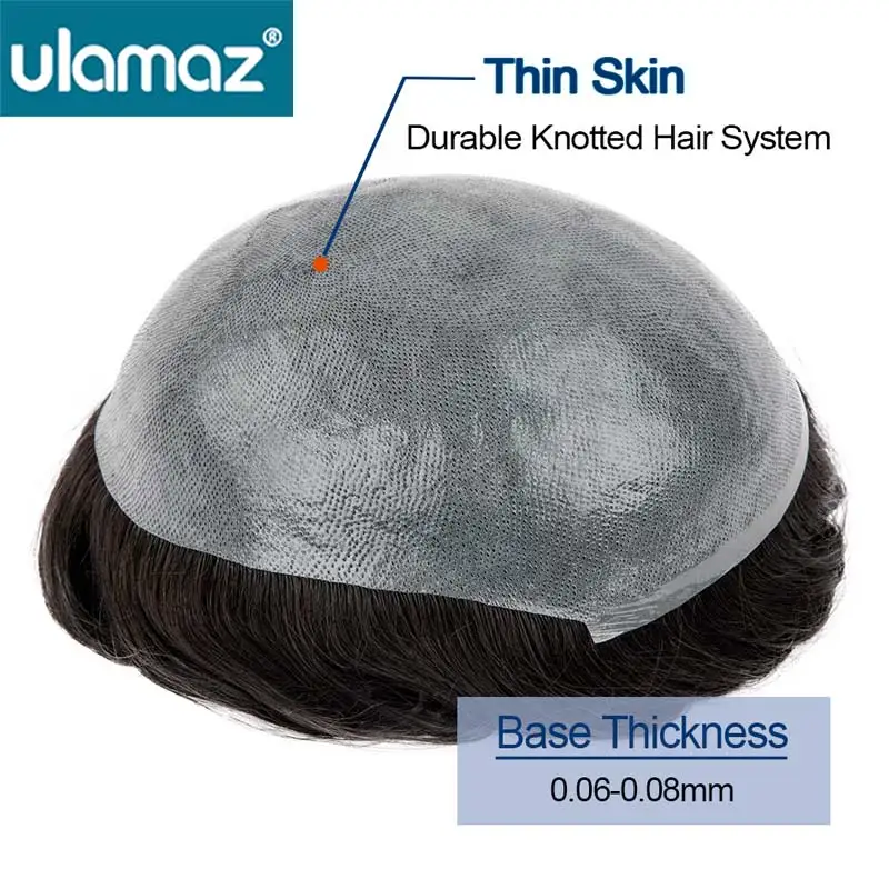 0.06-0.08mm Microskin Male Hair Prosthesis Knotted Hair System Mens Toupee Human Hair 100% Natural Wig For Men European Hair