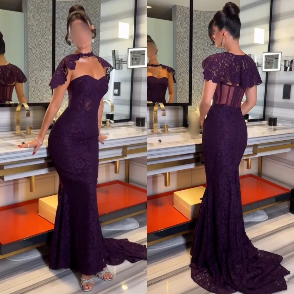 

Плиссированная кружевная шаль по индивидуальному заказу с вырезом сердечком Русалка длиной до пола, на заказ, шикарные фиолетовые вечерние элегантные вечерние платья
