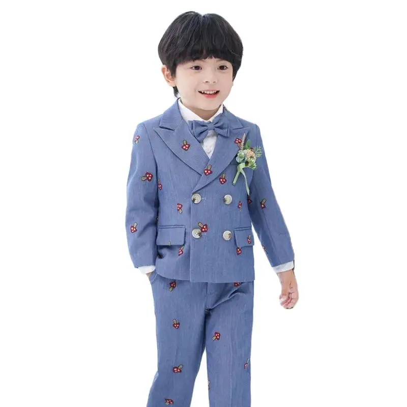 

Gentleman Kids 5Pieces Mushroom Jacket Vest Pants Bowtie Flower Photograph Suit Boys Easter Ceremony Dress Child Evening Costume