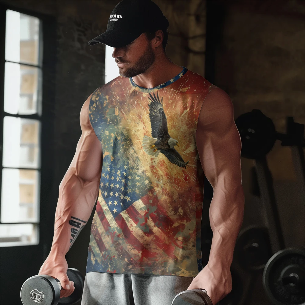 American Flag Flying Condor Fireworks Print Gym Casual Tank Top Sleeveless Thin Train Vest Youth Men's Sports Fitness Vest