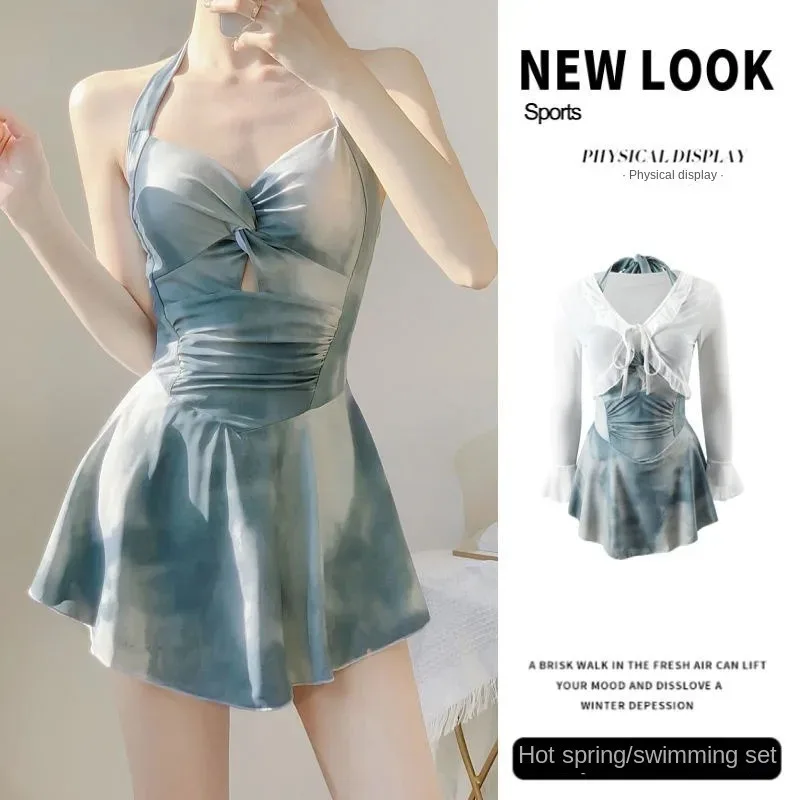 Nuevo traje de baño para mujer, traje de baño de una pieza conservador y puro estilo de chica, falda con cuello, estilo que cubre el vientre y adelgaza