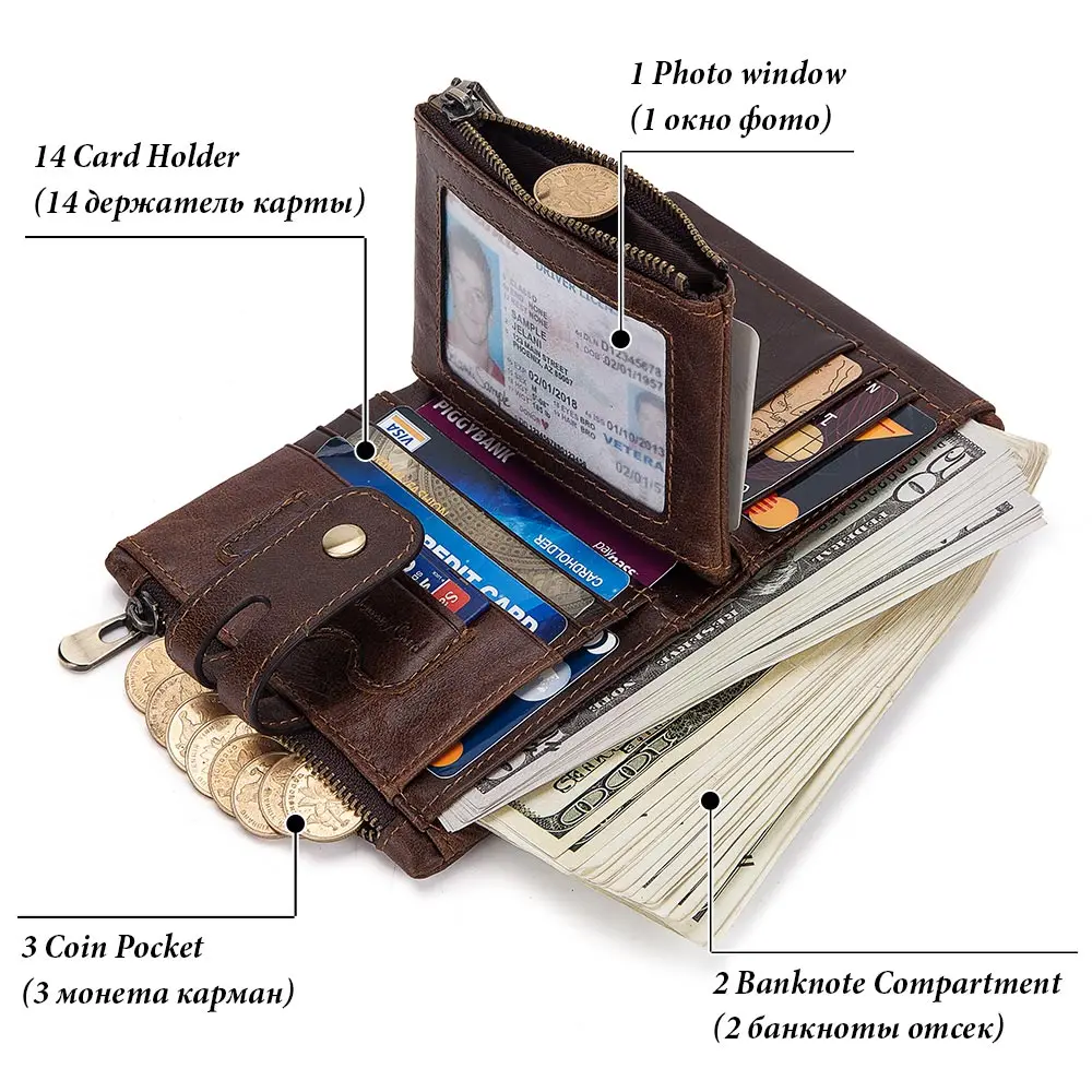 HUMERPAUL 100% Genuine Leather Wallet With For Men High-Capacity Card Holder Short Purse  Double RFID Zipper Coin Bifold Pocket