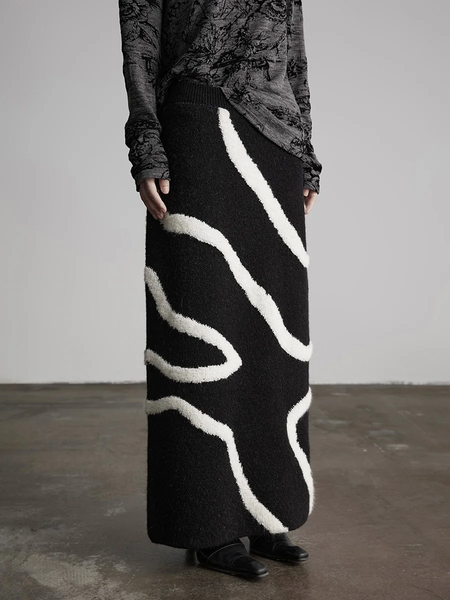 

Indue Women's Knitted Straight Tube Skirt mid Waist Elastic Waist White Stripes Autumn Winter Design Sensation Midi Skirt