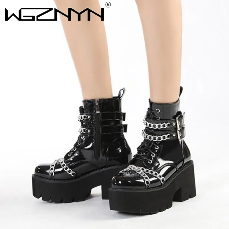 Fashion Women Shoes Boots Black Dark Cool Thick Bottom Platform Harajuku Shoes With Metal Chain Gothic Punk Girls Shoes Footwear