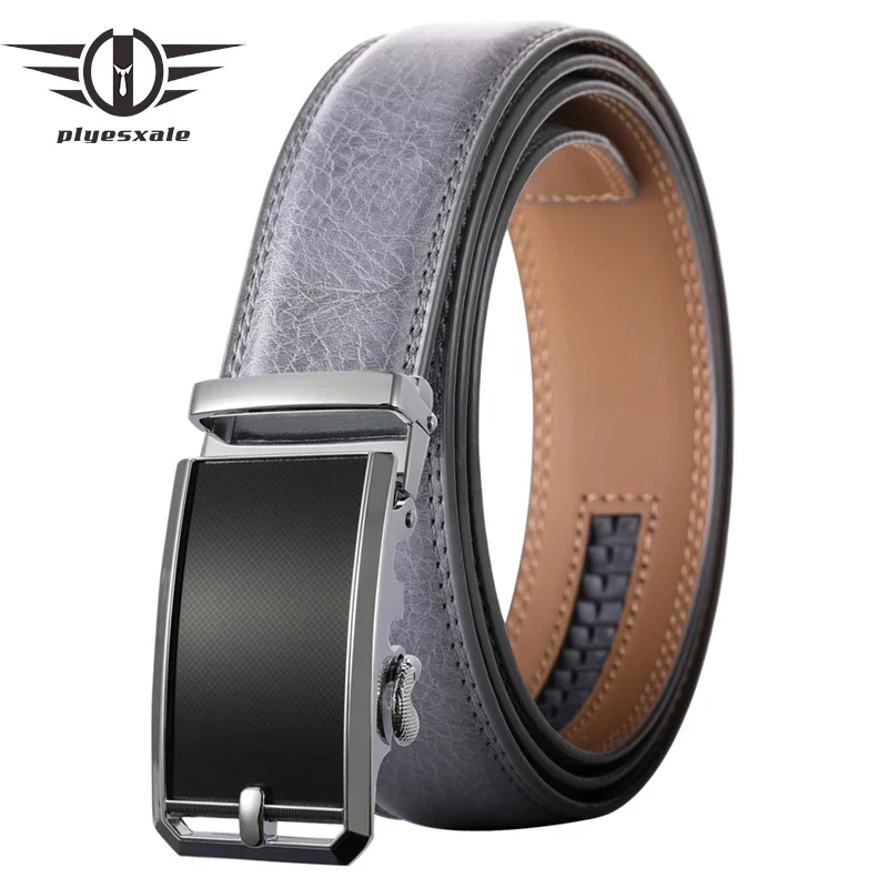 

Plyesxale Luxury Men's Belt Genuine Leather Strap Metal Automatic Buckle Belts For Men Designer White Gray Belt Brand B667