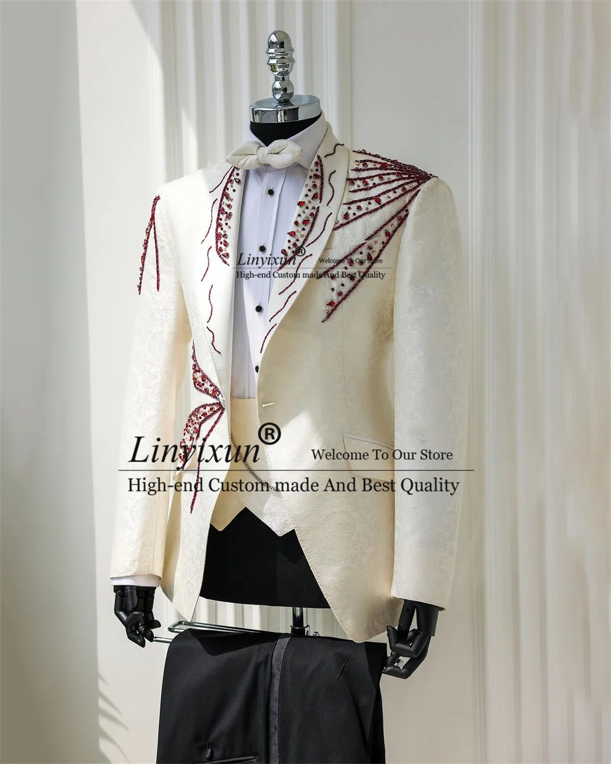 Fashion Jacquard Men Suits Luxury Beadeds Crystal Groom Tuxedos 3 Pieces Wedding Bridegroom Blazers Male Custom Homme Marrige