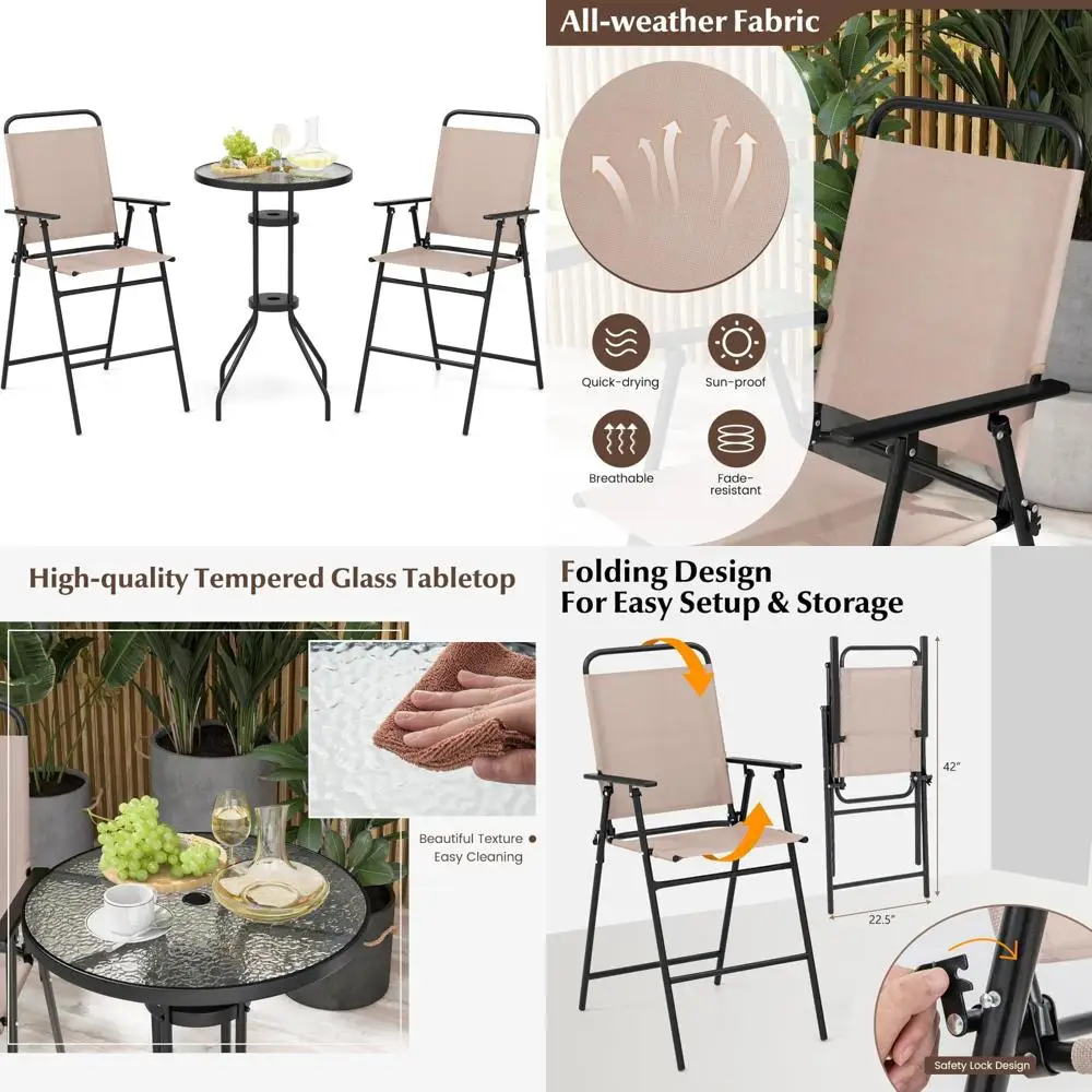 

Барный набор для патио на открытом воздухе с 2 складными стульями, круглым стеклянным столом и зонтиком для обеденного бистро