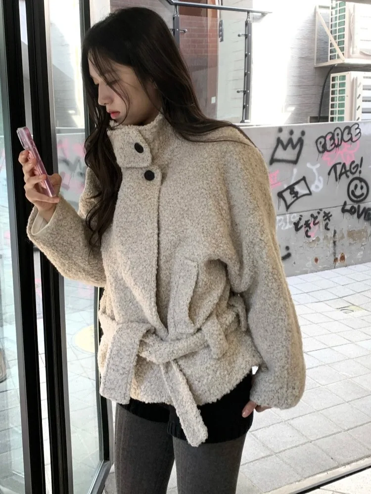 

Retro Belted Thiened Cotton Woolen ort Coat Women's Faion Outerwear Waist-Cinching Windbreaker Jaet Premium Feel