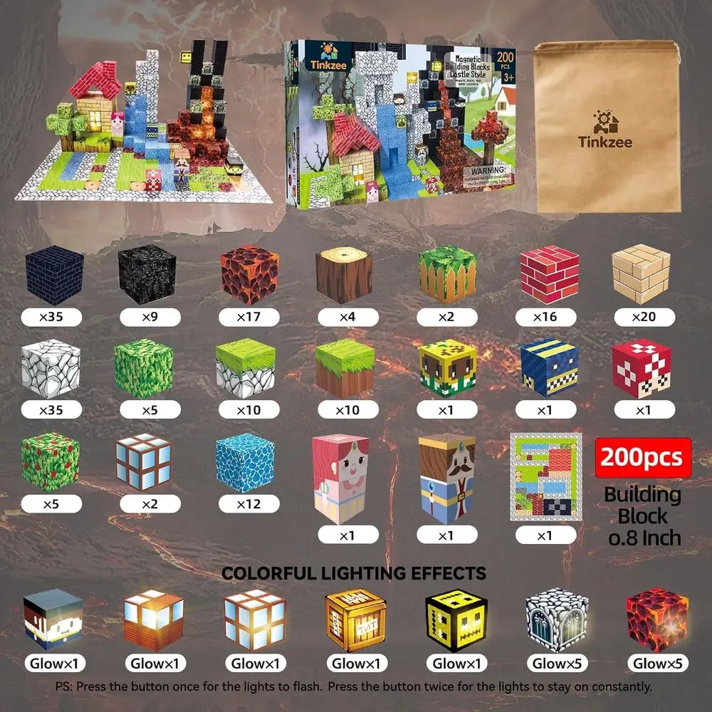 STEM Magnetic Building Blocks Set: 200 Pieces with 15 Light-Up Cubes, Foldable Board for Kids 3+