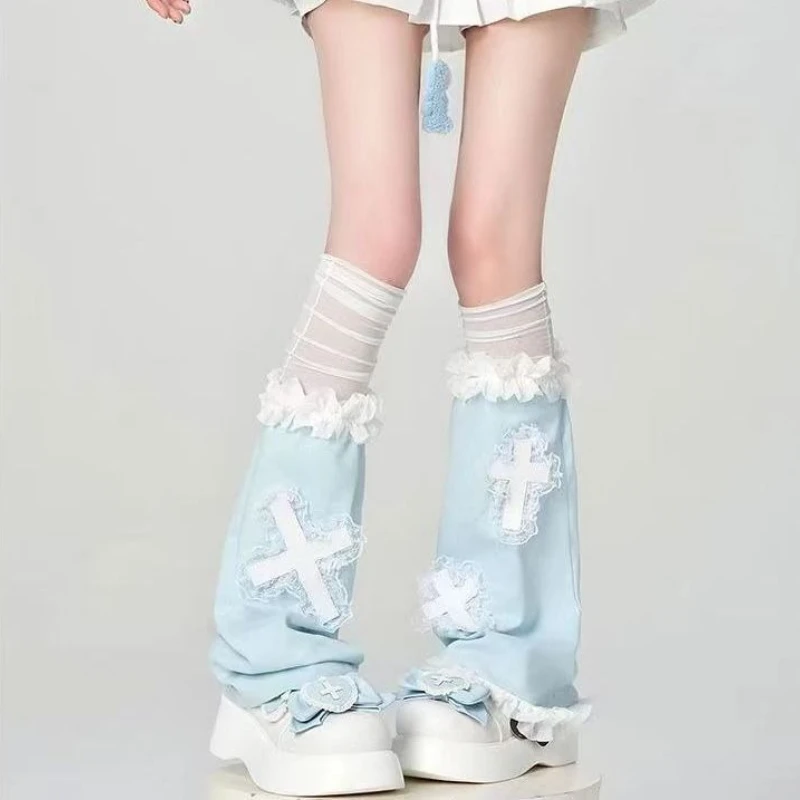 

2025 New Simple Foot Warming Cover Y2k Mesh Lace Patchwork Blue White Women's Socks Summer Fashion All-match Stockings