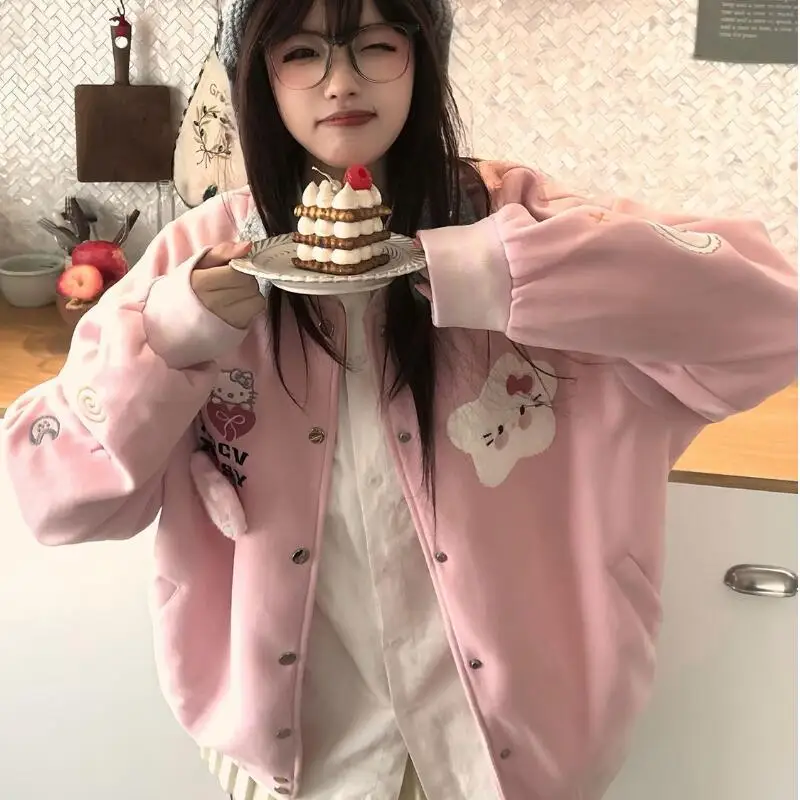 

Куртка Sanrios для девочек, милая толстовка с капюшоном с героями мультфильмов «Hello Kitty», милый модный принт, простой свободный хит продаж, удобная повседневная одежда для поездок на работу