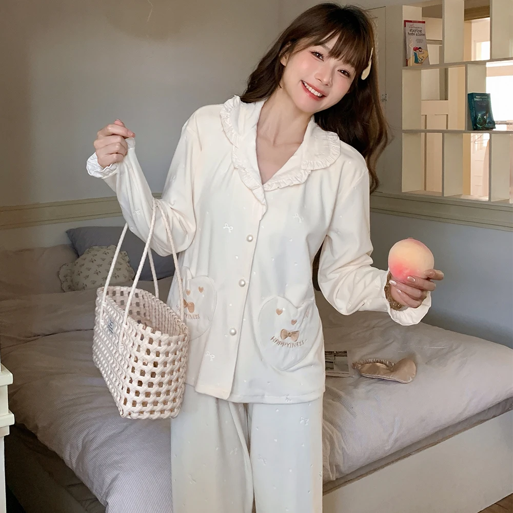 

Pajama Sets Black Women Pink Terry Animal Design Home Office Sleepwears Sweat Absorbing Round Neck Long Sleeved Knee Length Warm
