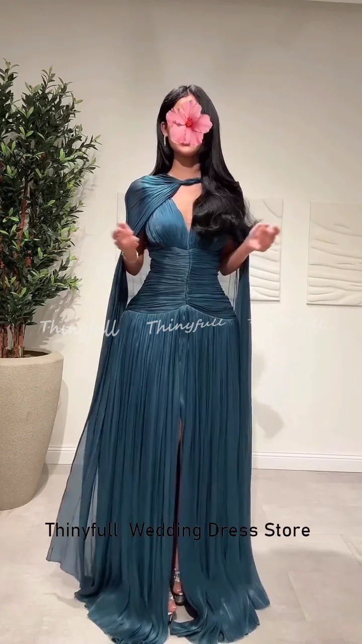 Thinyfull A-line Arab Prom Dresses Sleeveless V-neck Evening Party Gown with Shawl Dubai Split Dress Robes De Soirée Customized image 4